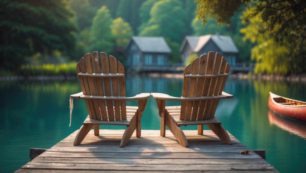 Adirondack chairs are placed on a wooden dock facing a blue lake, with a tied red canoe and green trees surrounding the cottages across the water
