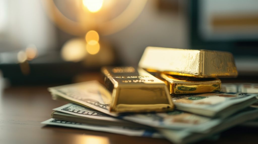 A close-up of a shiny gold bar and a stack of crisp dollar bills arranged neatly on a polished wooden desk under a bright desk lamp