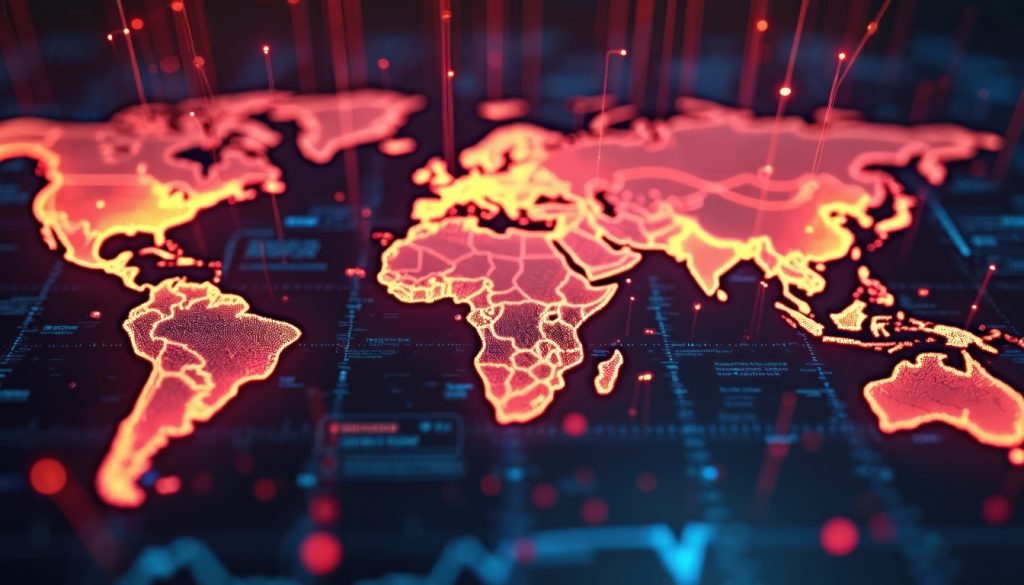 Global economy events impact world map. Stock prices fluctuate due to trade wars, pandemics. Investment indicator, financial concept, mathematic datum, scientific light pattern. Prediction,